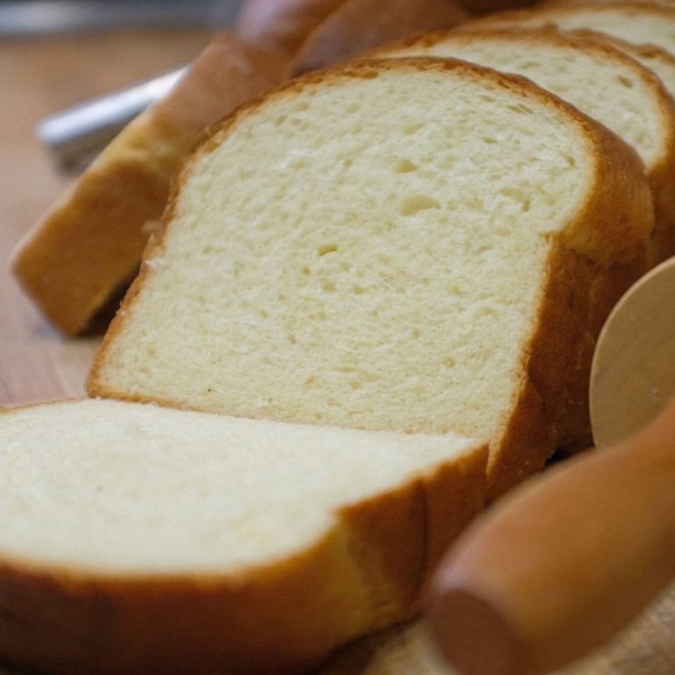 Sliced loaf of fresh white bread rests on a wooden table beside a rolling pin.
