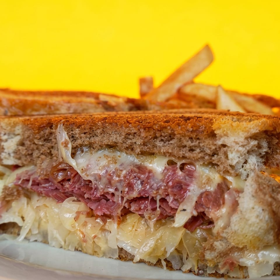 Close-up of a pastrami Reuben sandwich with melted cheese and sauerkraut, served with fries and pickles at Sunny’s Diner.