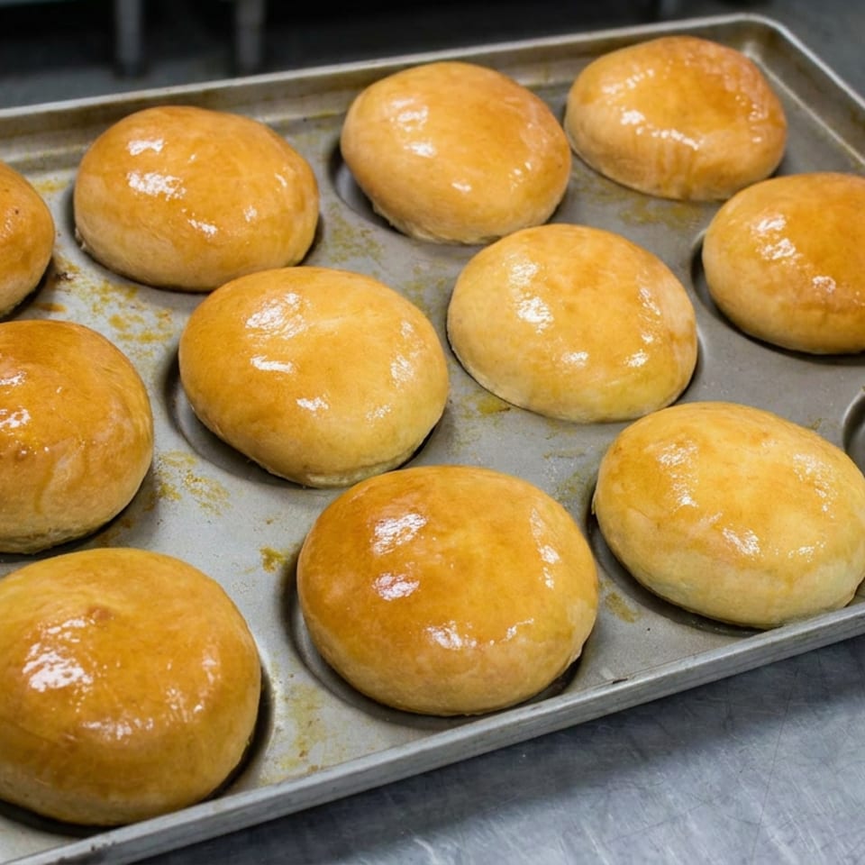 Tray of eleven glossy golden-brown bread rolls cooling on a baking sheet in a commercial kitchen.