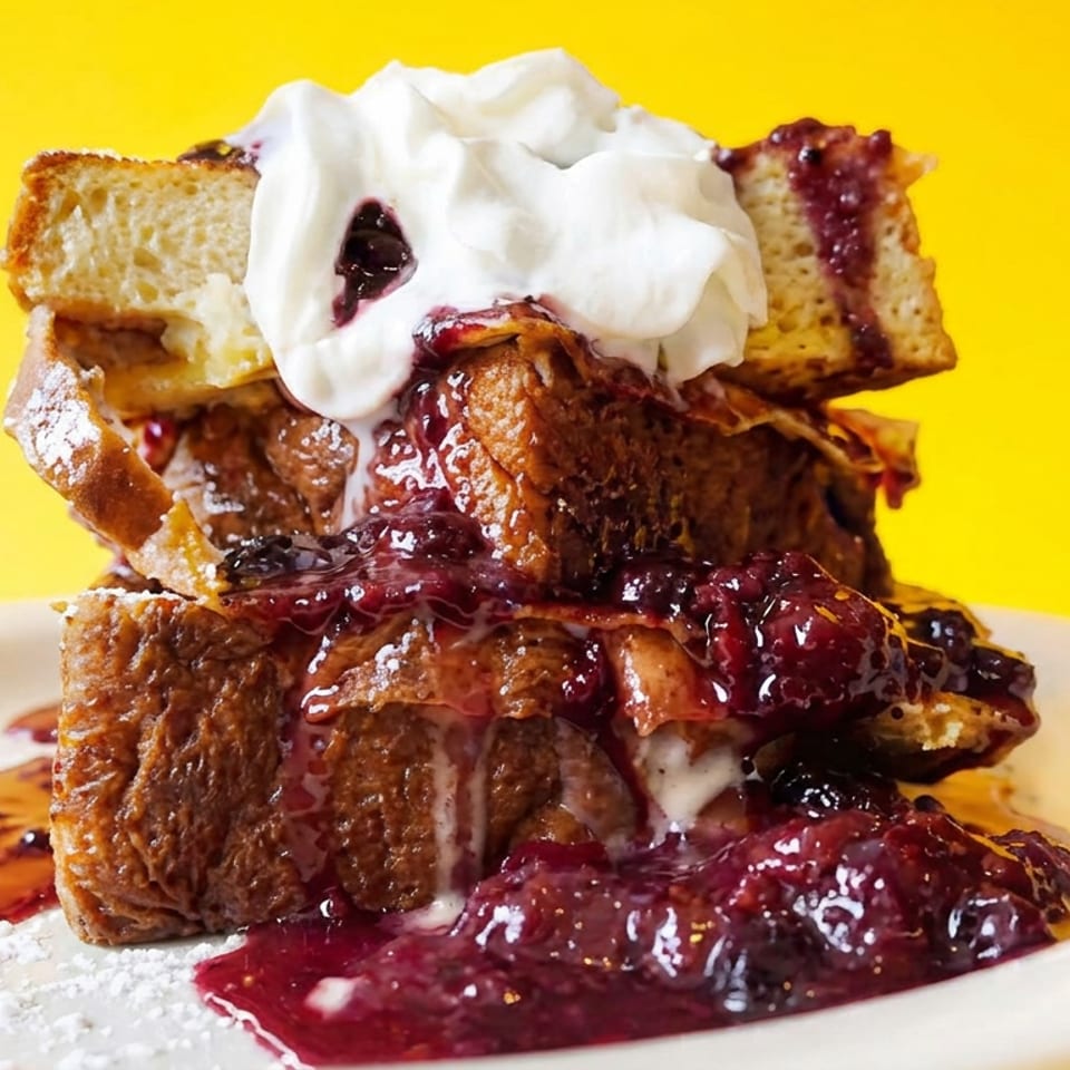 Stacked French toast topped with whipped cream, berry sauce, and powdered sugar on a plate against a yellow background.