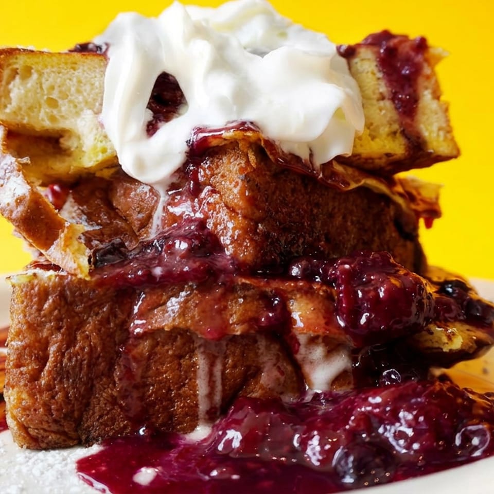 Stacked French toast topped with whipped cream and berry compote on a plate against a bright yellow background.