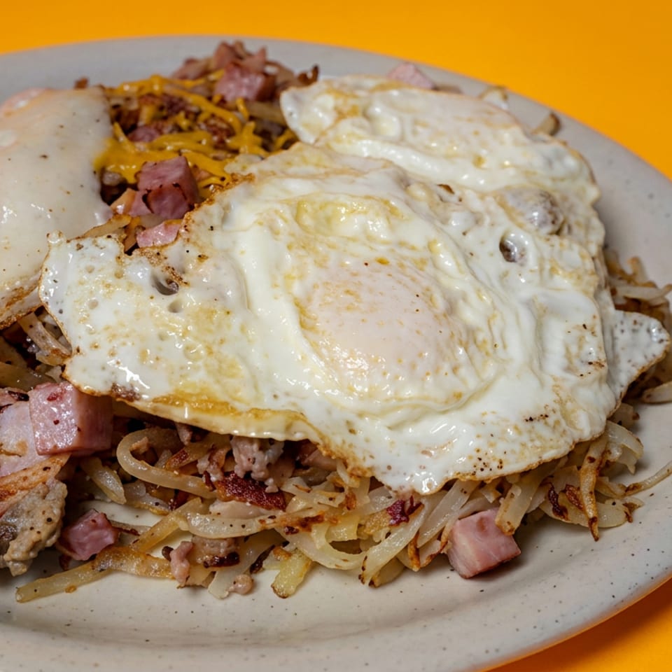 Plate of crispy hash browns, diced ham, bacon, and sausage topped with three fried eggs at Sunset Diner.