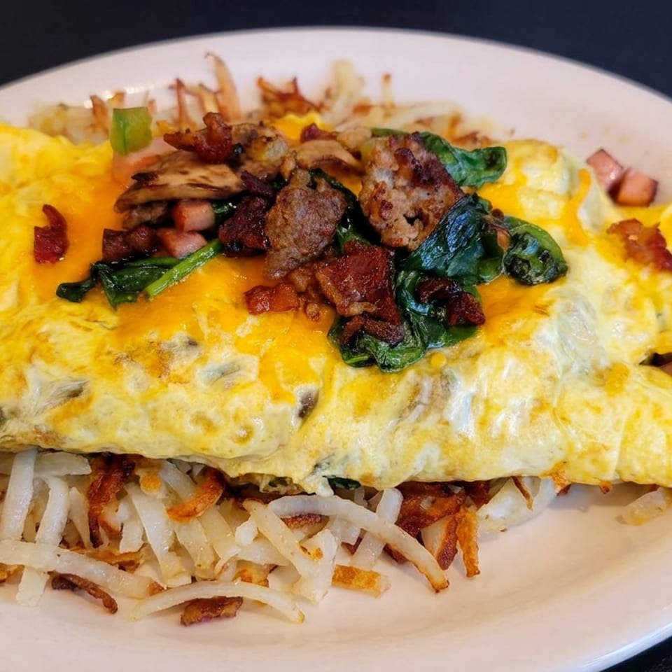Cheese-covered omelet filled with vegetables and meat, topped with greens and bacon, served over crispy shredded potatoes.
