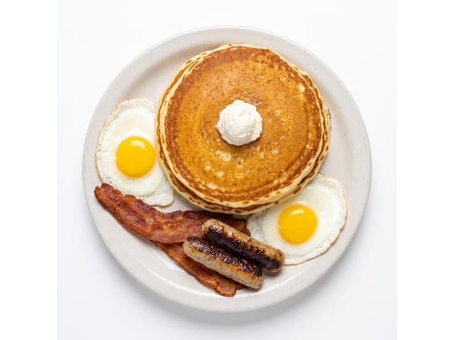 Strawberry Pancake Combo with Eggs & Meat.